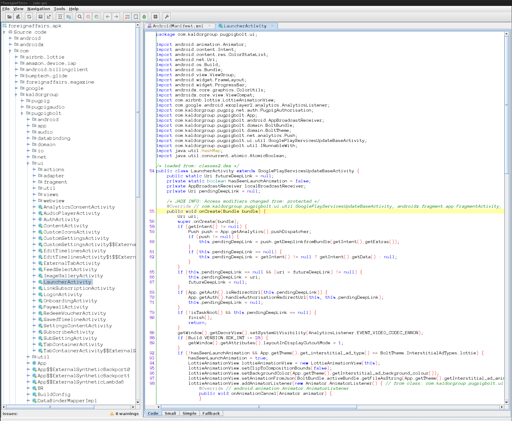 Image of the tool jadx-gui showing source code of the target application
